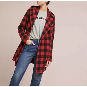 Anthro Field of Flowers red M buffalo plaid cardigan coat